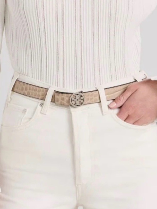 Tory Burch 1” Miller Taupe Croc-Embossed Leather Belt with Silver Logo Small main image 5